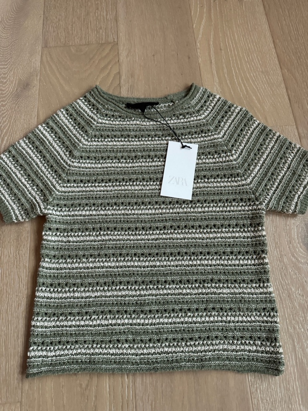 Zara Olive & Cream Striped Short Sleeve Knit Top